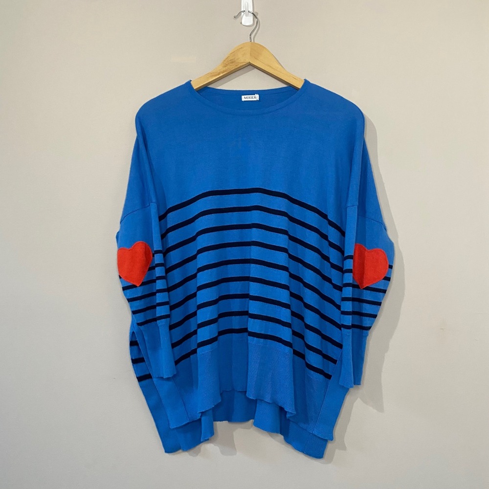 Mersea Blue Striped Oversized Sweater Red Heart Elbow Patches OS Pullover EUC